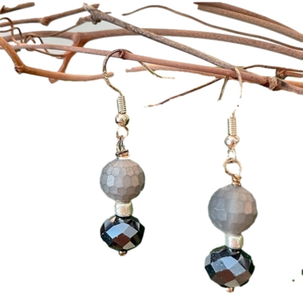 Sterling Silver Earrings Matte Grey Genuine Crystal Modern Chic French Chic - Picture 4 of 13